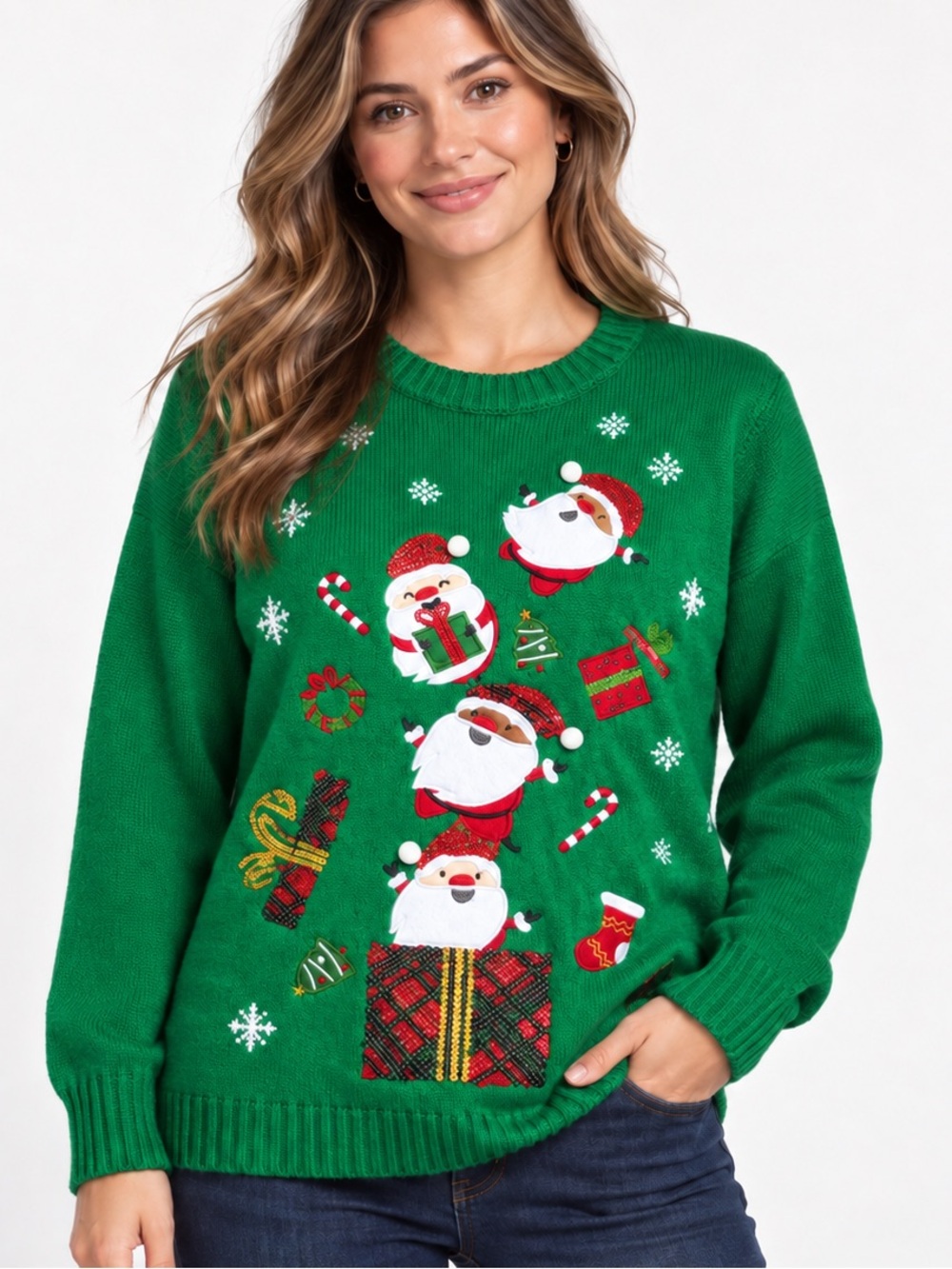 Green Santa Christmas Sweater Sequin Holiday Ugly Sweater Size XL